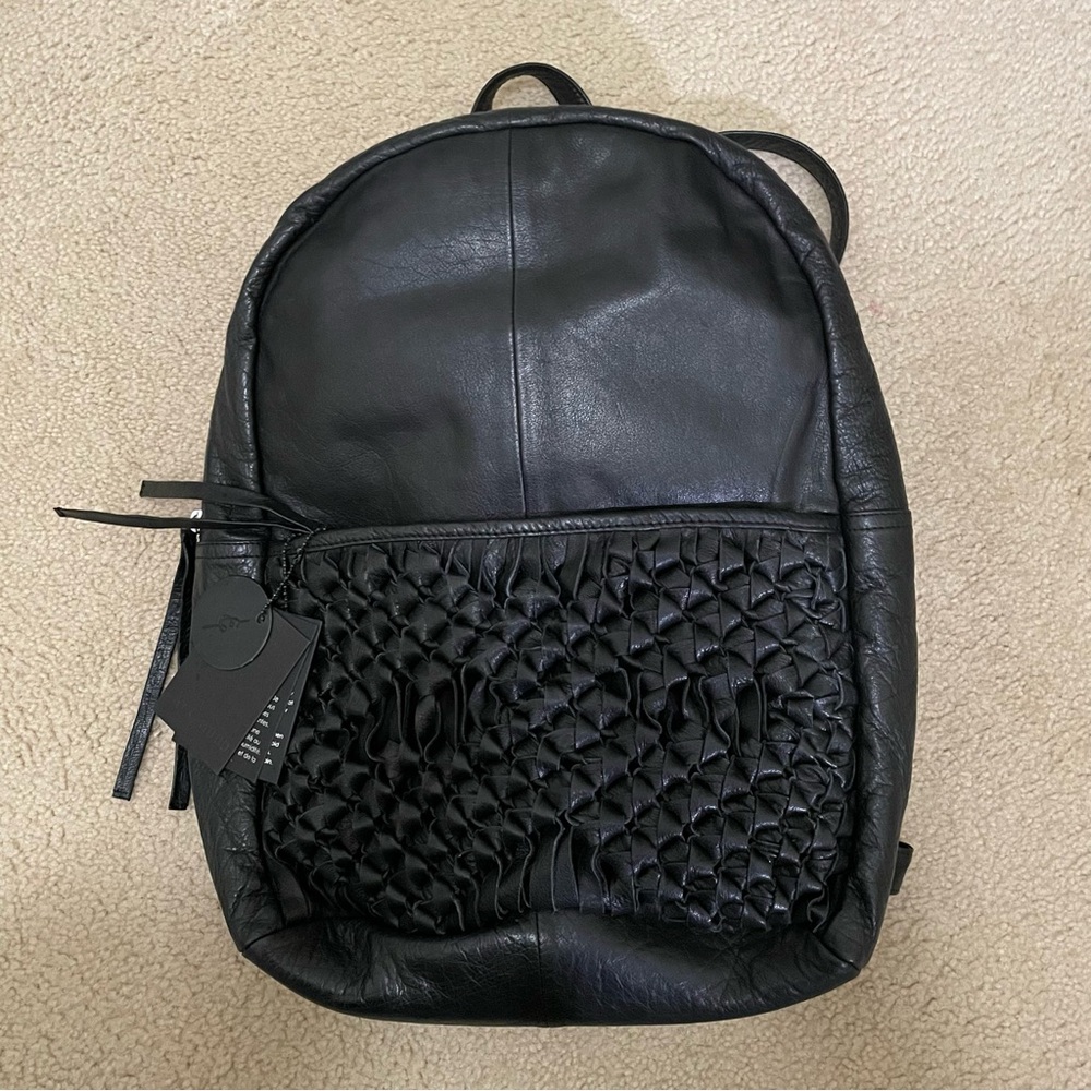 Black Leather light weight Ruffle-Front Backpack by Day and Mood